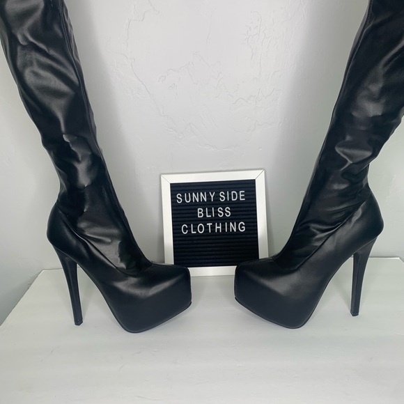 Black Faux Leather Thigh High Stiletto Boots Size 6 - Picture 3 of 14